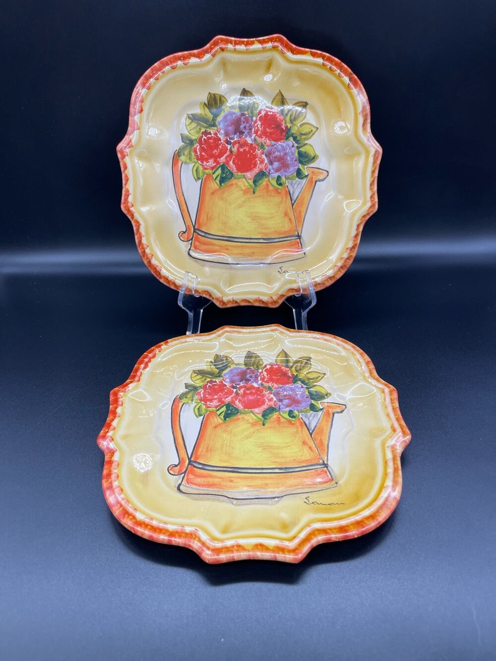 Vintage Italica ARS Pottery Set of 2 Salad Plates Hand Painted Flowers Italy